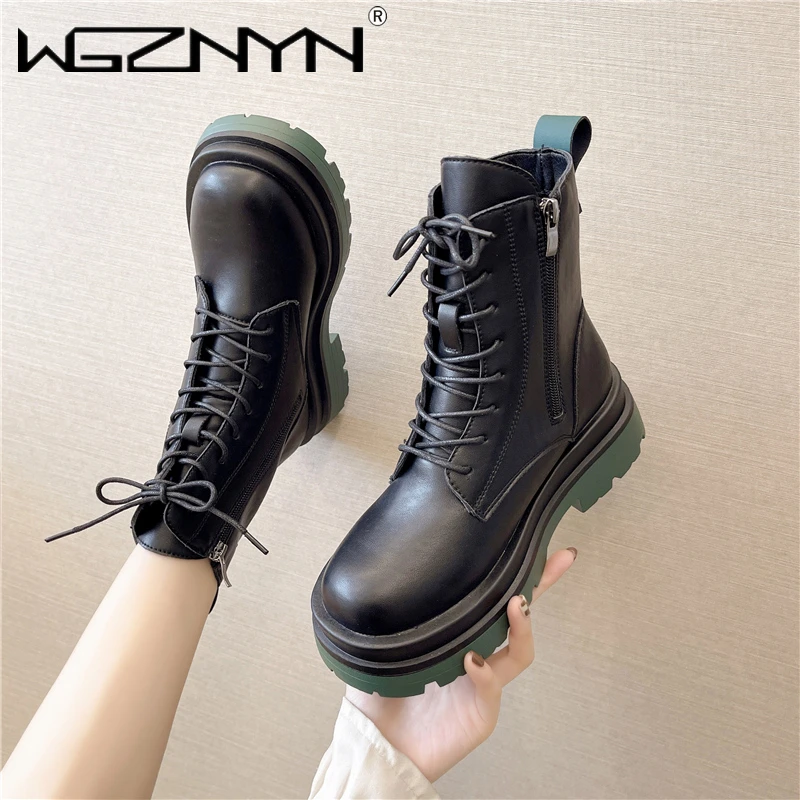 

WGZNYN 2021 Luxury Fashion Women Ankle Boots Winter Round Toe Genuine Split Leather Platform Shoes Woman Non-slip Botas Mujer