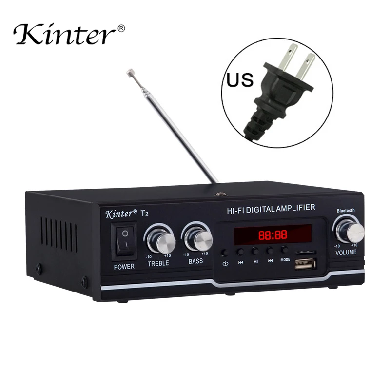 Kinter T2 для bluetooth 2.0CH Усилитель Аудио 20 Вт с usb sd входом fm радио управление сабвуфер ВЧ питание AC220 DC 12 В - Цвет: US plug