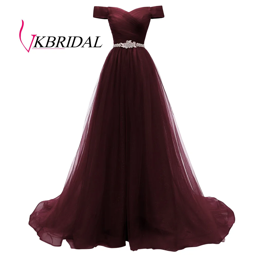 wine red VKBRIDAL, Красное длинное вечернее платье с открытыми плечами и поясом, расшитое бисером, винтажные платья для выпускного вечера, vestido de festa, недорогое вечернее платье со шнуровкой на спине - Цвет: wine red