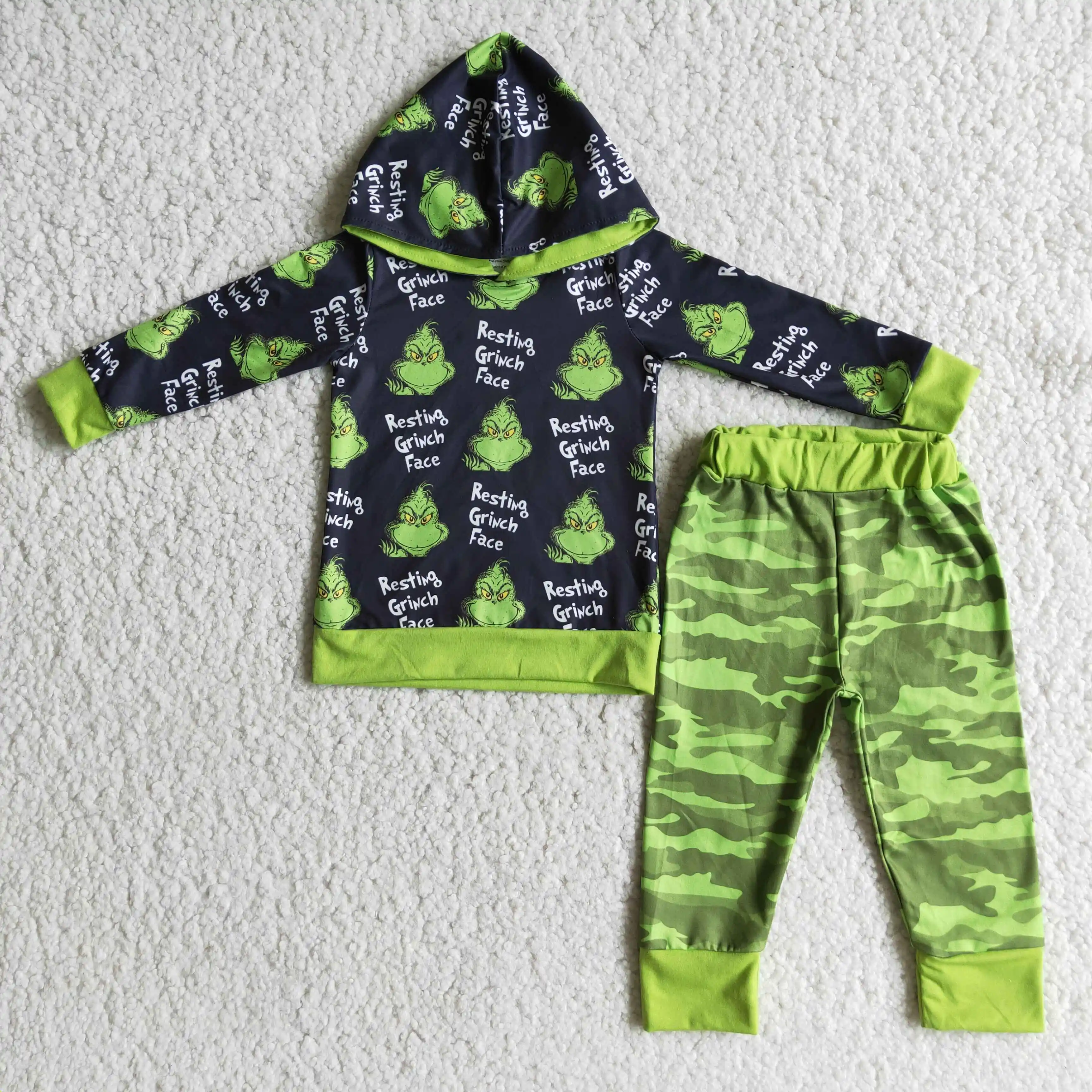 

Resting green face baby boy Christmas hooded outfit green camouflage jogger pants winter sets