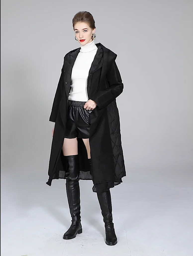 Enlarge High Quality Winter White Duck Down Coat For Woman Black Hooded Fashion Warm Loose Lady Female Jacket Down Overcoat Outerwear