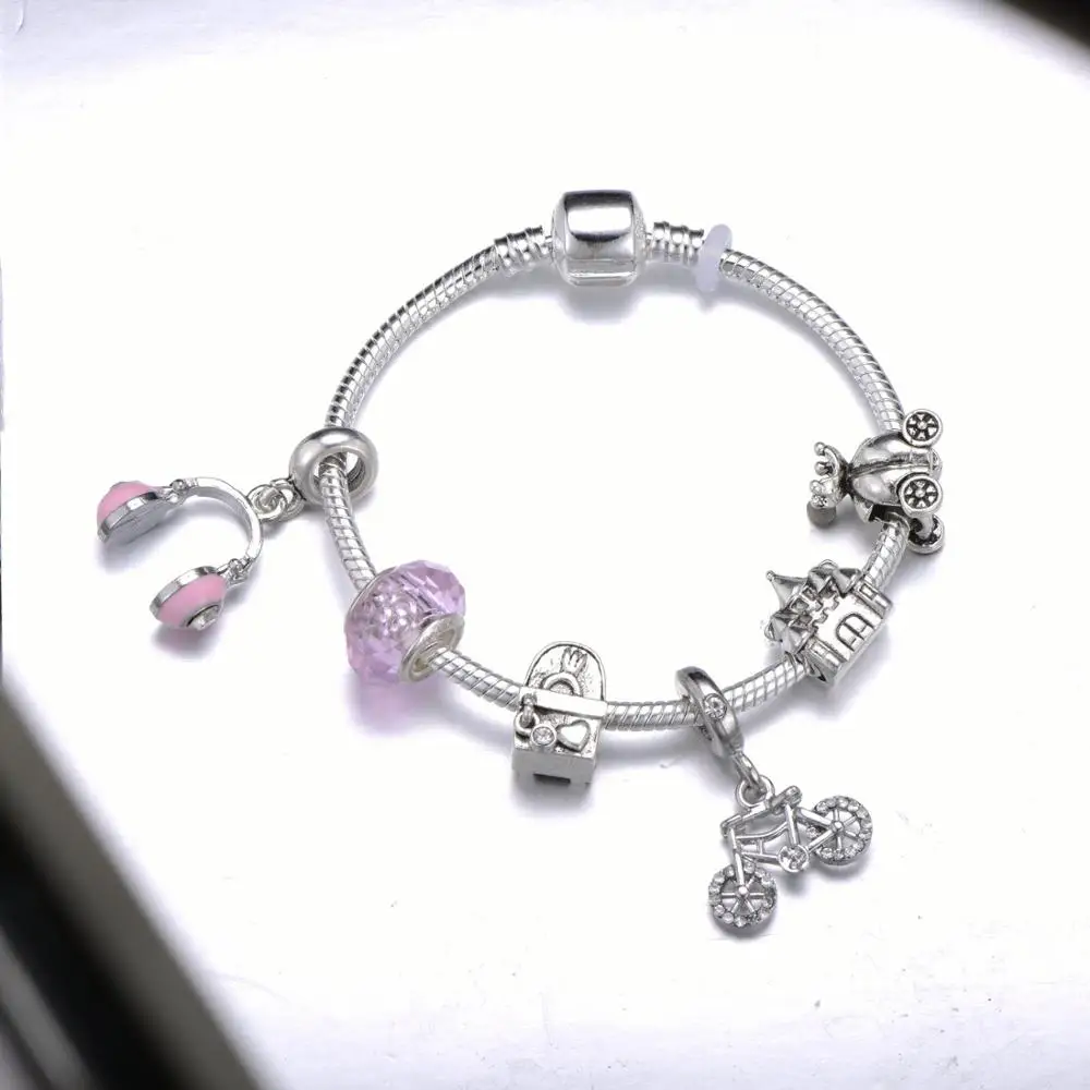 

High Quality Bicycle Headphones Dangle Charm Bracelet Backpack Crown Carriage Brand Bracelet For Women Girl Jewelry Gift