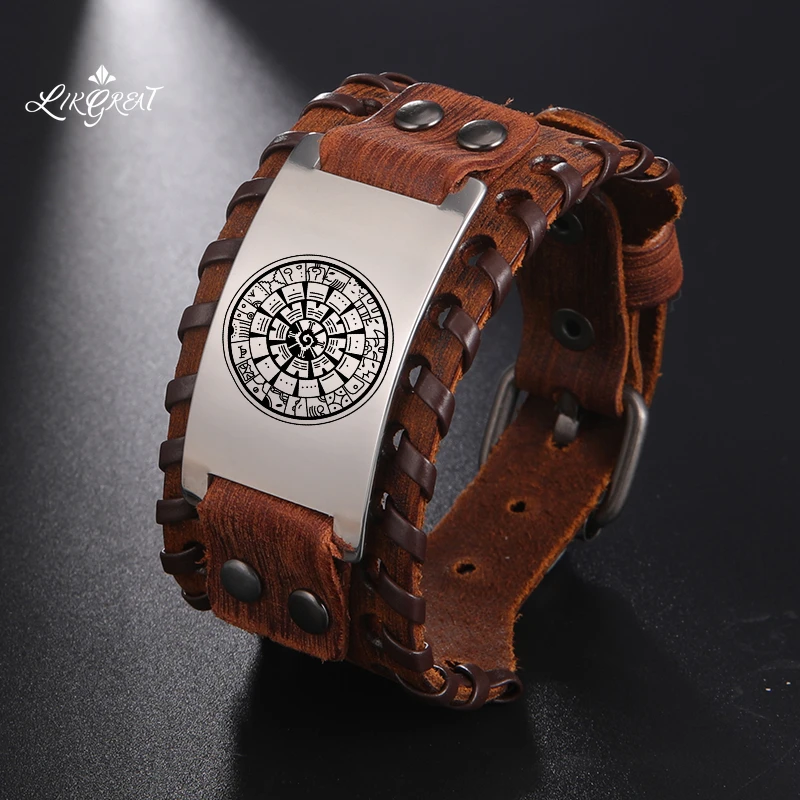 

LIKGREAT Mayan Emblem Amulet Men's Wide Leather Wrist Bracelets Hunab Ku Solar Calendar Talisman Bangles Mens Jewellery Gifts