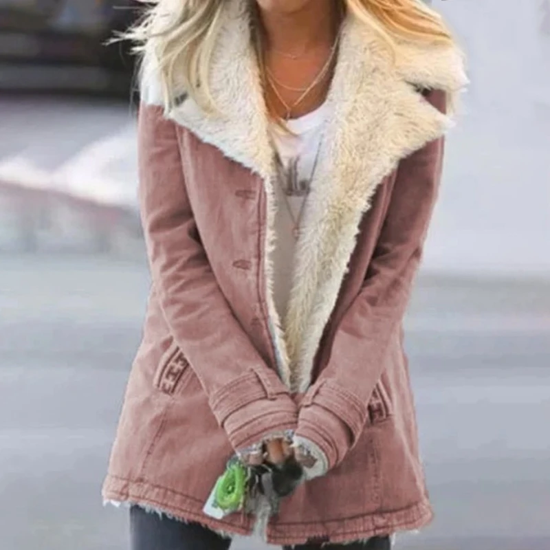 

Women Winter Long Sleeve Faux Denim Jacket Vintage Lapel Single Breasted Coat Thicken Warm Plush Lined Loose Outerwear with Pock