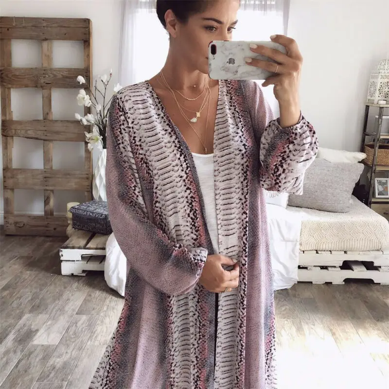 2019 Women Long Sleeve Print Style Chiffon Coat Snake Pattern Outwear Tops Cardigan Sweaters |