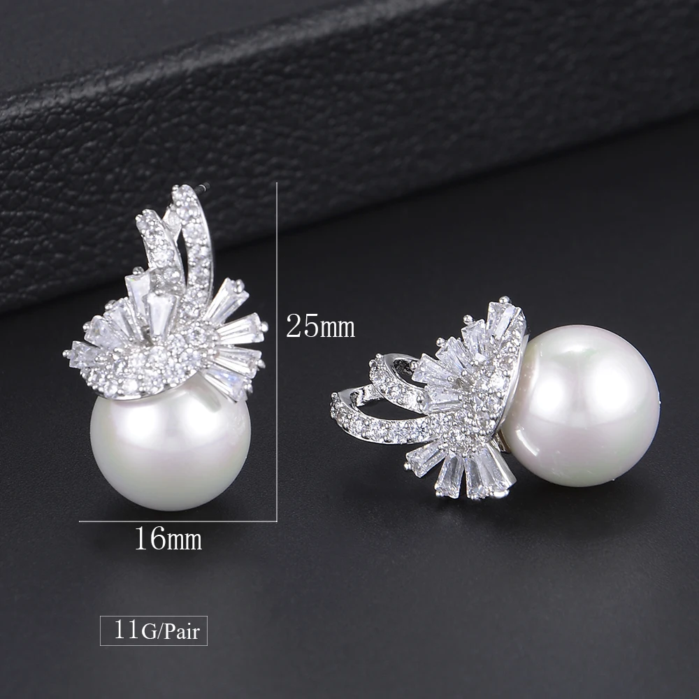 

LARRAURI Luxury Romantic Silver Big Noble Pearl Stud Earrings for Women Bridal Wedding Jewelry Prom Party Jewelry