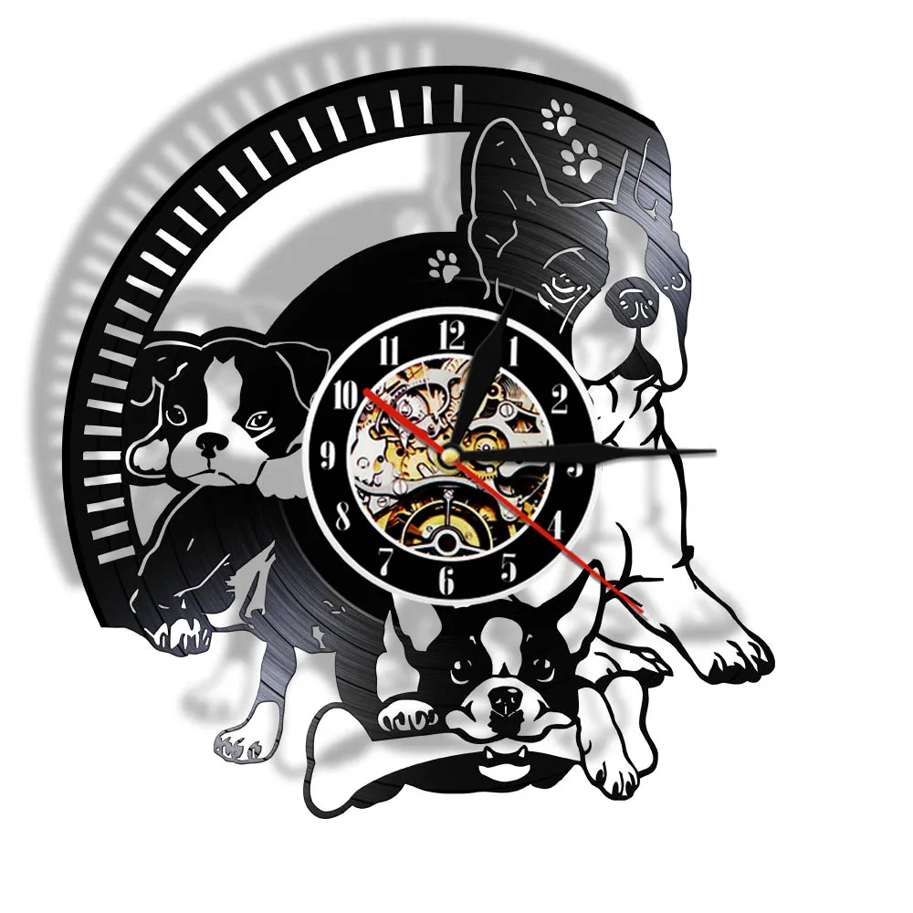 Dog Paw Boston Terrier Vinyl Album Re-purposed Record Wall Clock Puppy Pet Dog Breed Home Decor Watch Vinyl Disk Album Crafts