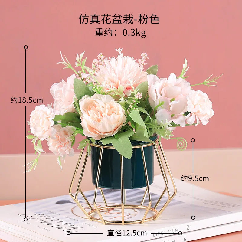 

Nordic Luxury Metal Wrought Iron Ceramic Basin Hydrangea Ornaments Creative Home Office Desktop Decoration Flower Pot