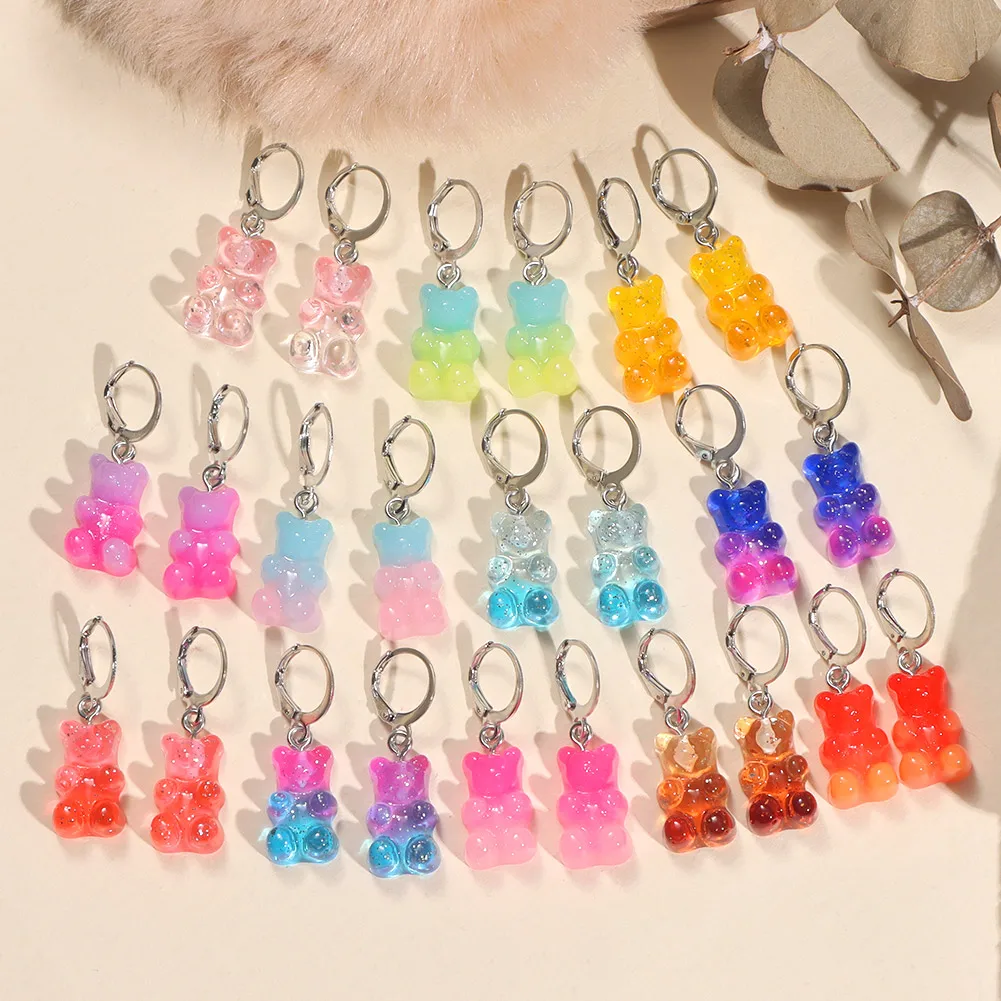 Flatfoosie Creative Cartoon Shiny Gummy Bear Drop Earrings for Women Cute Candy Color Animal Dangles Earrings Fashion Jewelry