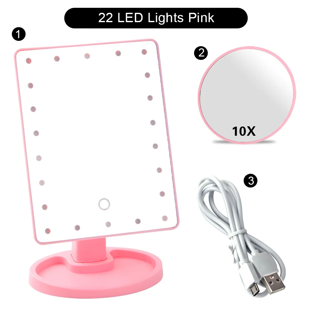 PK 22 Light Set A Зеркало для макияжа с сенсорным экраном 22 светодиодный светильник туалетный столик с увеличительным 1X/2X/3X/10X гибкое Карманное зеркальце косметическое 3 складывающиеся регулируемые - Цвет: PK 22 Light Set A