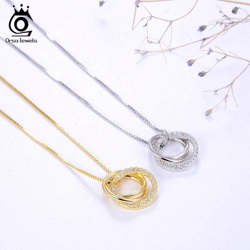 ORSA JEWELS, ожерелье с подвеской из чистого 925 пробы серебра для женщин, прозрачный AAAA циркон, комбинированный круг, модные вечерние ювелирные изделия в подарок SN175