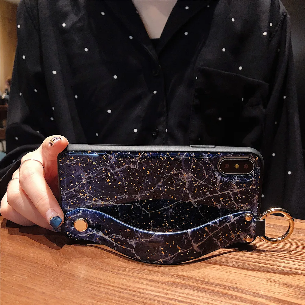 Fashion Bling Wrist Strap Cases For IPhone 7 Gold Foil Granite Marble Phone Case for iPhone X XS Max XR 6S 8 Plus Cover Fundas |