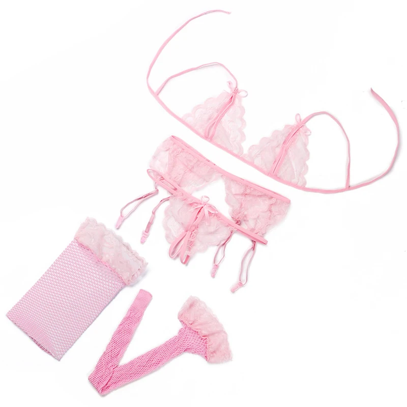 4 предмета в комплекте Для женщин открытый бюстгальтер + трусики подвязки чулки