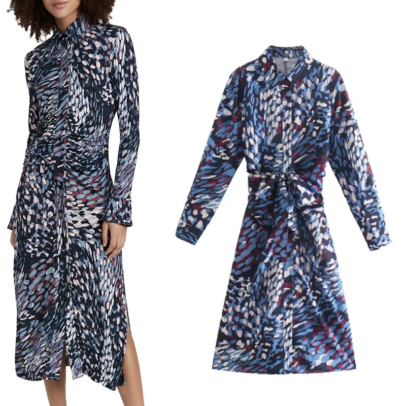 

Women's dress New Fashion With Belt Floral Print Midi Dress Vintage Long Sleeve Side split Female Dresses Vestidos Mujer