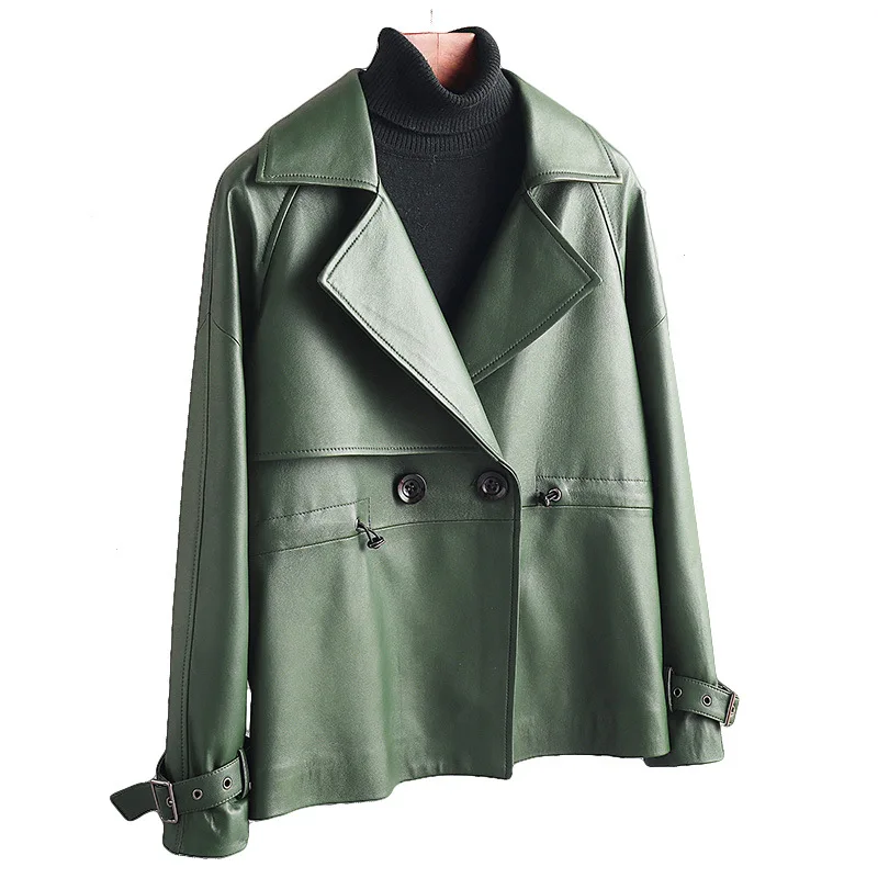 2020 New Genuine Leather Coats Short Turn-down Collar Green Sheep Fur Overcoats Single Breasted Long Sleeves Overcoats Jackets