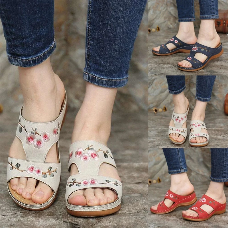 

Woman Flower Embroidery Slippers Multicolour Ethnic Style Wedge Shoes Female Comfortable Casual Fashion Sandals Summer New