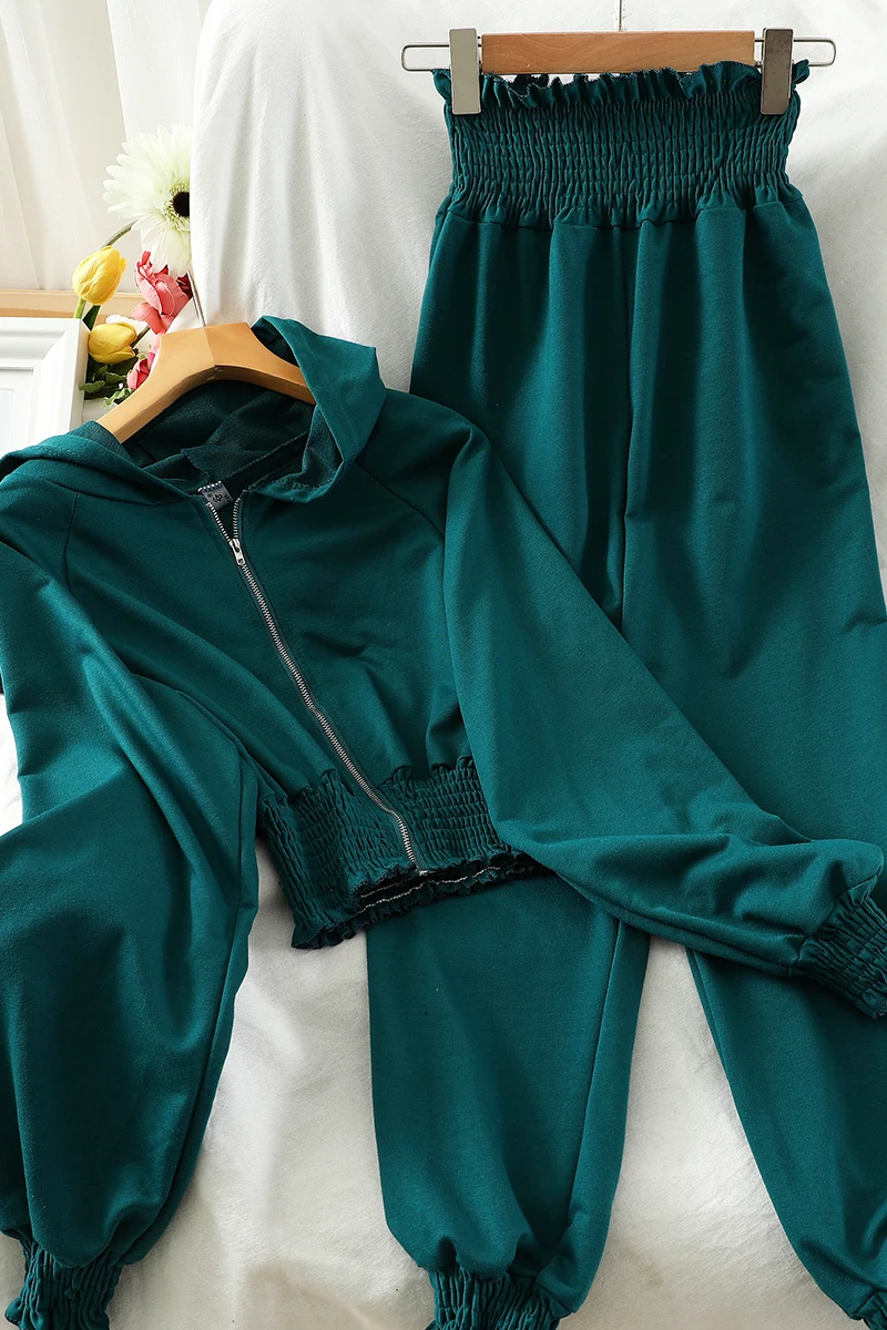 

Casual Green/Grey 2pcs Set For Women Zipper Hooded Sweatshirt And High Waist Harem Pants Autumn Sport Two Piece Set Autumn 2020
