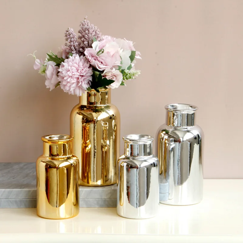 

Luxury Nordic gold silver ceramic tabletop vase with bright surface exquisite small vase flower arrangement home bedroom decor