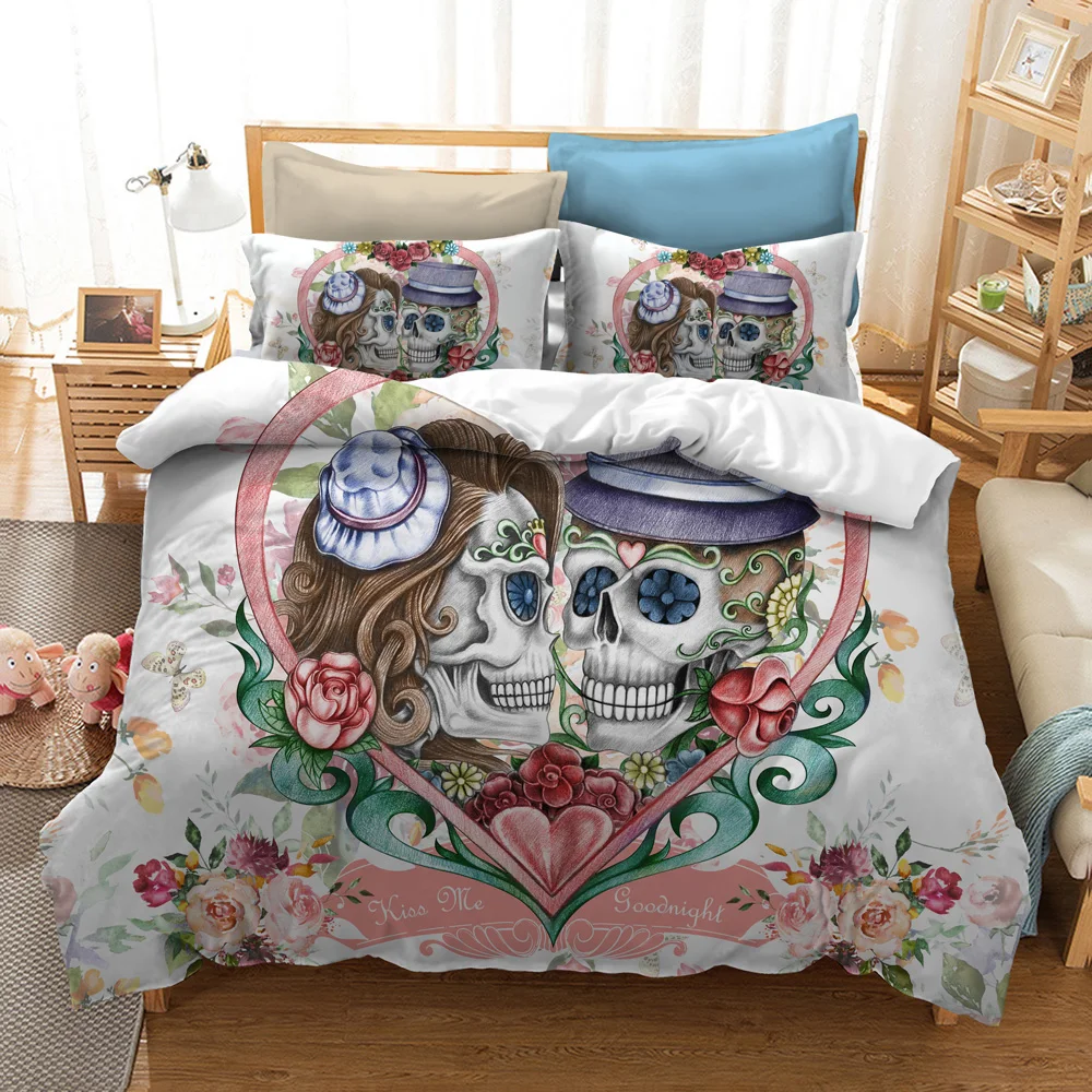 

Sugar Skull Duvet Cover Set Teen Girl Comforter Cover Halloween Decor Bedding Set Skull Bones Skeleton Roses Floral Print