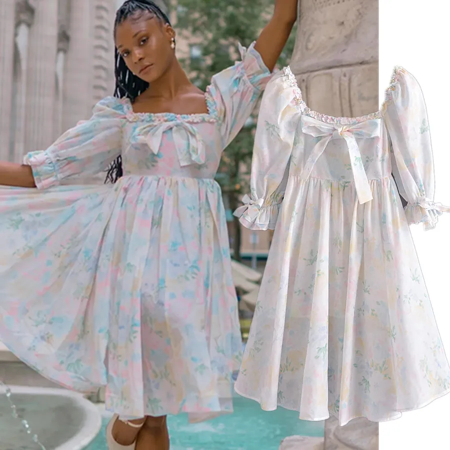 

Maxdutti Модное Элегантное длинное платье с бантом для женщин в английском стиле богемный винтажный цветочный принт квадратный воротник летне...