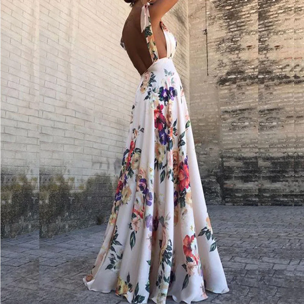 

Bohemian Fashion Sexy Backless Printing Women's Dress Temperament High Waist Vacation V-neck Casual Big Dress