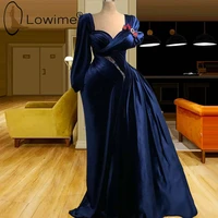 2021 blue long mermaid evening dresses single long sleeve ruched evening gowns custom made saudi arabia formal women dresses