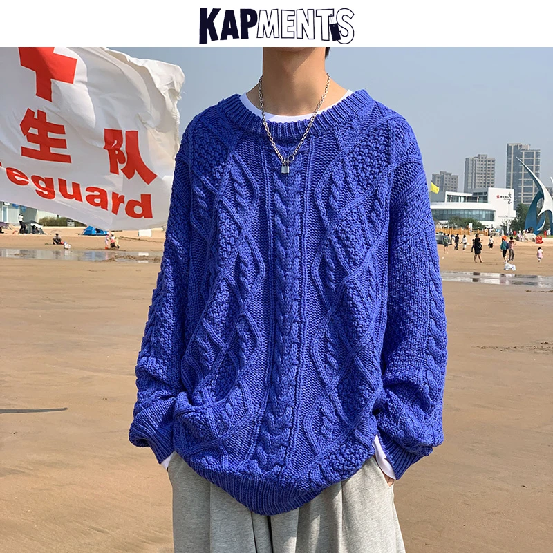 

KAPMENTS Men Harajuku Solid Thick Knitted Sweater 2022 Mens Oversized Korean Fashion Pullovers Male Colorfuls Sweaters Clothing