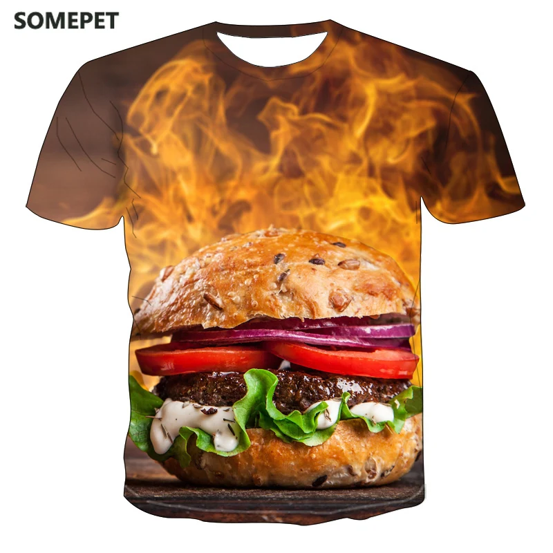 

2020 New Drink T-Shirt Print Male Female Beer Hip Hop Cuff Short Tail French Fries Hamburger Coffee Rock Water