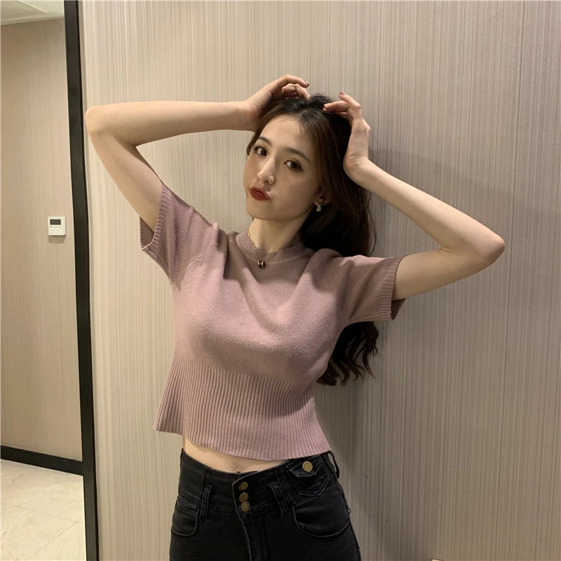 

Summer round Neck Knitwear Short Sleeve T-shirt Female 2021new Design Sense Niche Slim Fit with High-Waisted Trousers Top