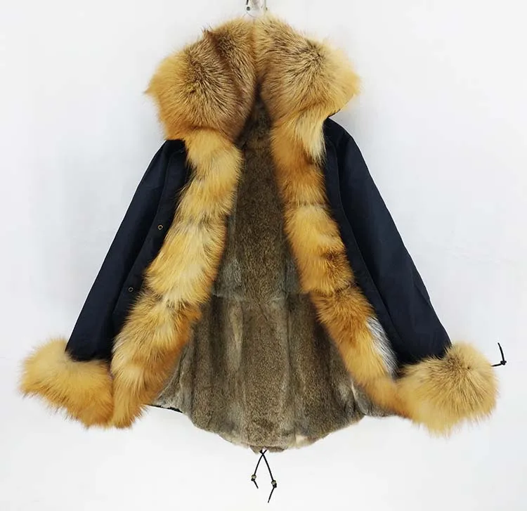 OFTBUY, водонепроницаемая парка, зимняя куртка, Женское пальто с натуральным мехом, большой натуральный мех енота, Воротник из натурального меха кролика, подкладка из толстого теплого меха, Новинка - Цвет: black gold