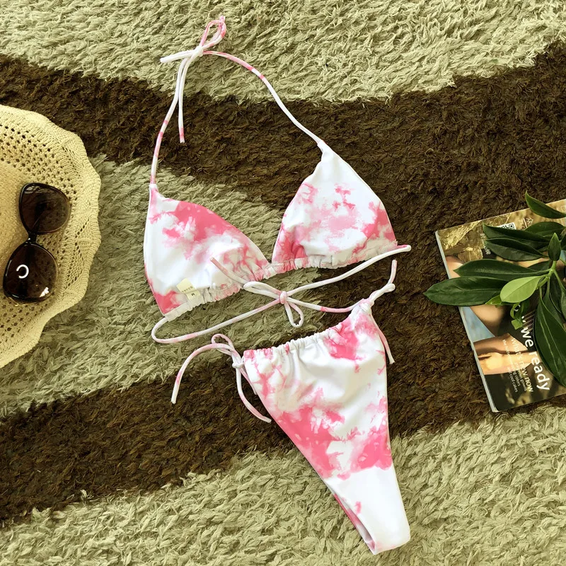 

2021 New Fashion Ladies Gradient Tie-dye Swimsuit Sexy Halter Halter Strap Open Back Split Swimsuit Swimsuit Bikini Set