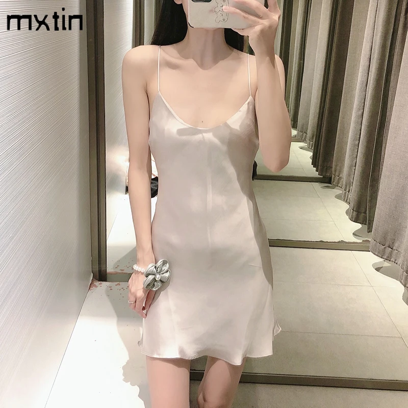 

MXTIN 2021 Women Summer Vintage Solid Bow Tie Straps Mini Dress Fashion V-Neck Sleeveless Backless Female Party Dresses Vestidos