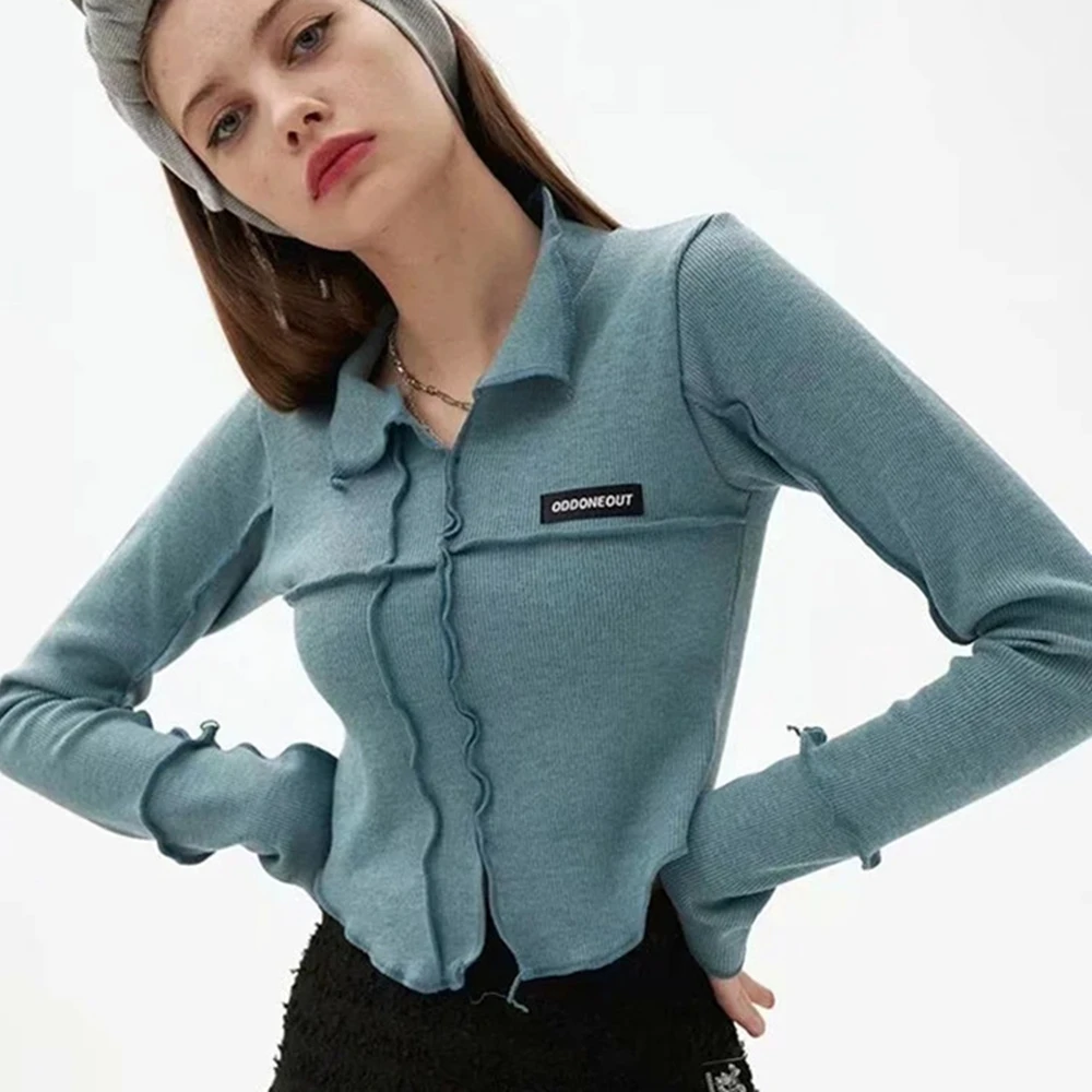 

Autumn Women Lapel Button Cropped Polo Bottoming Shirt Tightly Twisted Long-Sleeved Spring Autumn Stretch Pullover Top