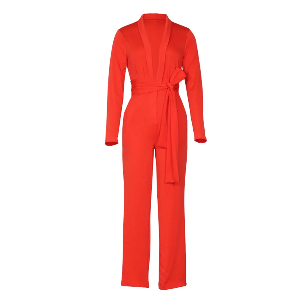 

Elegant Women's Bodysuit for Office Worker, Long Sleeve Low-cut Lapel Collar Long Pants with Waist Band for Spring and Autumn