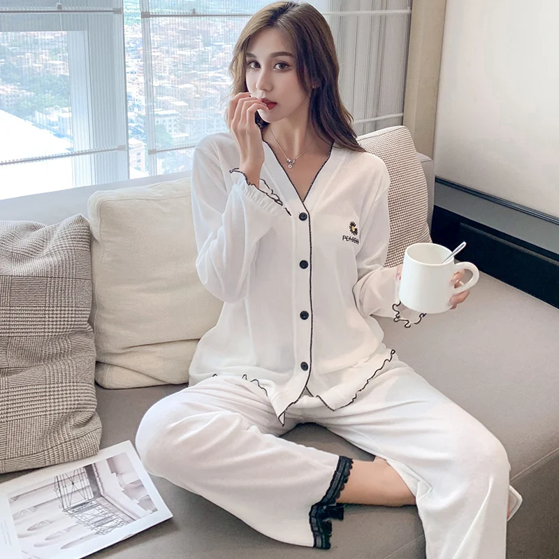 

Women's Cotton Pajamas Spring and Autumn Long Sleeve Cardigan Suit Thin Lace Internet Hot Student Summer Home Wear