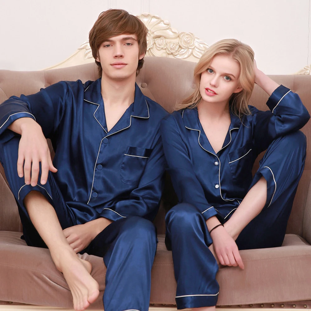 

New Lovers Silk Pajamas Set Solid Long Sleeve Casual Sleepwear Couple Nightwear Men & Women Loungewear M-2XL