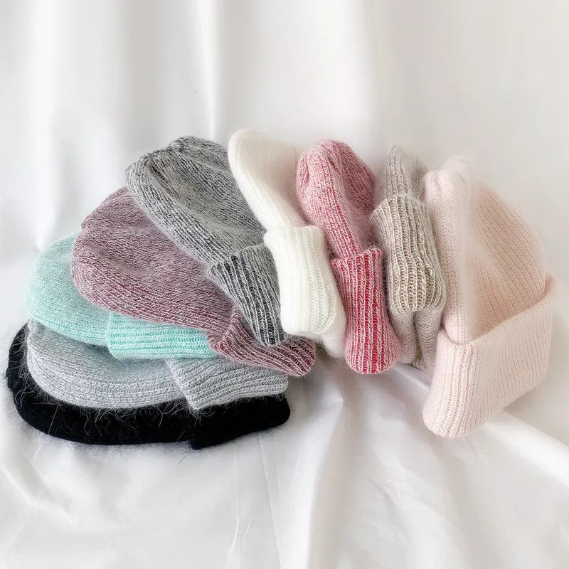 

Вязаная шапка из кроличьего меха на осень и зиму, женская вязаная шапка карамельных цветов, модная теплая шапка