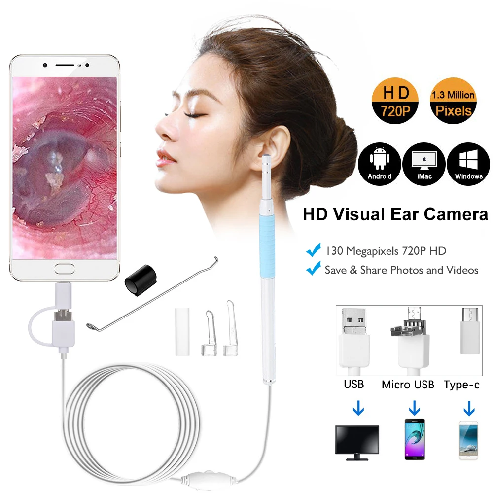 

New 3 in1 HD Medical In Ear Cleaning Endoscope Spoon Mini Camera Otoscope Mouth Nose Otoscope Tool Ear Picker Ear Wax Removal