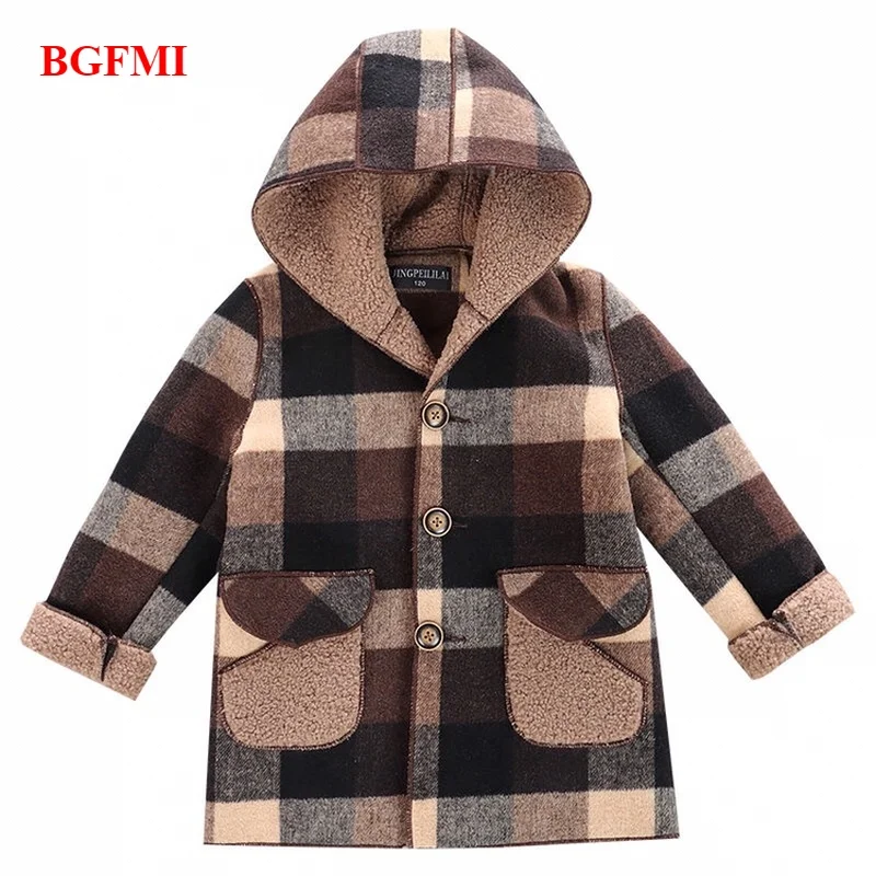

Baby Kids Coats Fall Winter Imitate Fleece Jackets for Boy Trench Children's Clothing Hooded Warm Plaid Outerwear Windbreaker