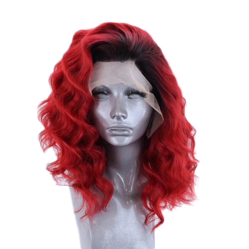 Websterwigs Омбре красный короткий парик из синтетических волос с волнистым кружевом