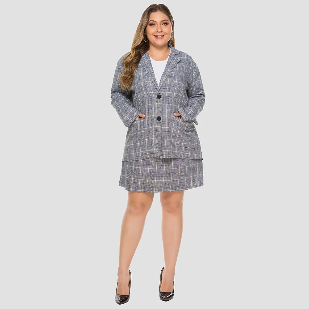 Womens Spring And Autumn Long Sleeve Shirt Tweed Suit Short Skirt Temperament Commuter Plus Size Suit Ladies Office Suit 4XL