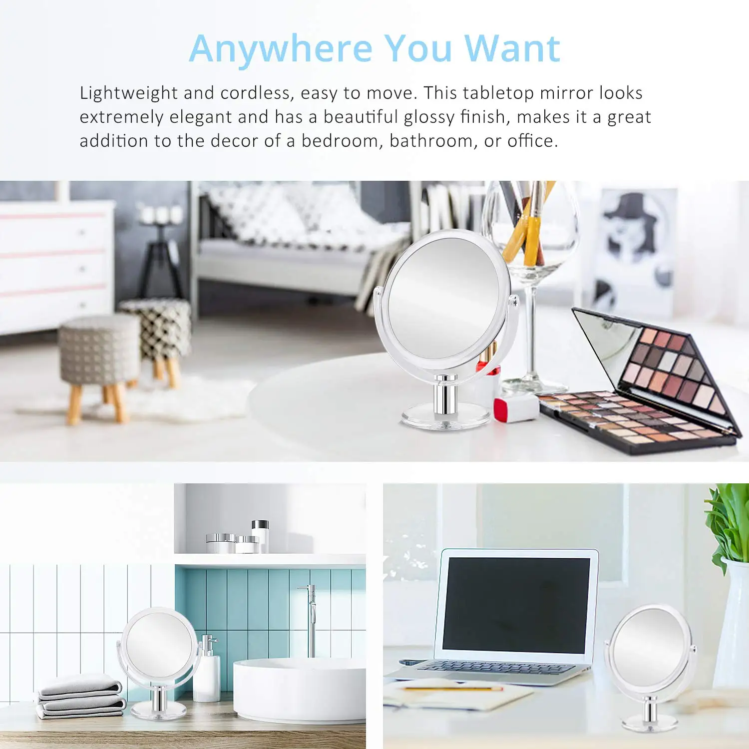 Двухстороннее увеличительное зеркало для макияжа с увеличением 1X 10X настольное