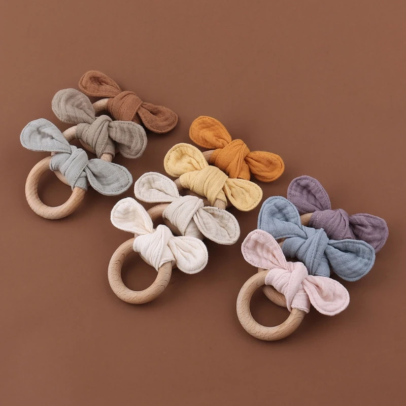 

Baby Rabbit Ear Teether Safe Organic Wood Teething Ring Infant Nursing Training Montessori Toys Gift