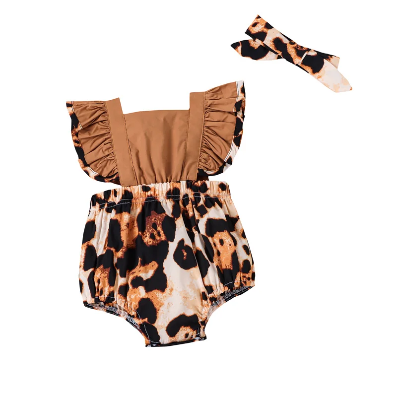 

Baby Girls 2Pcs Summer Outfits fashion clothing, sweet Ruffle Sleeve Leopard Print Romper with Headband Set