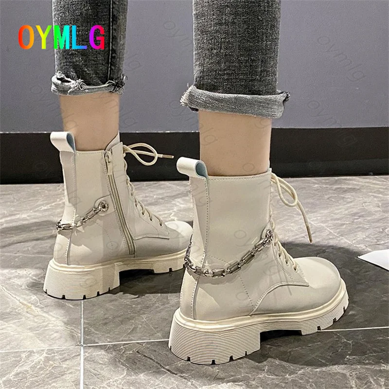 

2021 autumn new fashion casual daily simple round toe short boots mid-heel increased metal chain short Martin boots women shoes