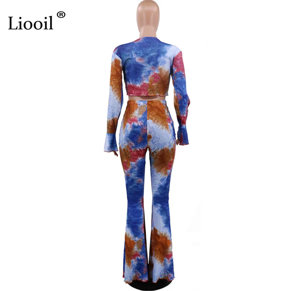 

Liooil Two Piece Print Set Button Up Tops And Bell Bottom Pants 2021 Flare Sleeve V Neck Sexy Club Outfits Women 2pcs Suit Sets