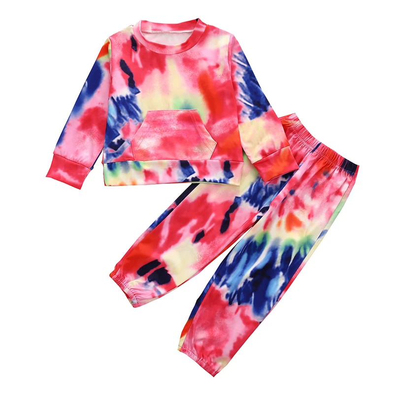 Primavera oto&ntilde;o ni&ntilde;o ni&ntilde;os ch&aacute;ndal de beb&eacute; establece beb&eacute; ni&ntilde;os lazos para ni&ntilde;as-dye impreso de manga larga Tops pantalones trajes casuales 0-5Y-3