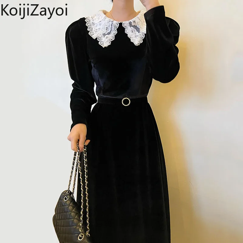 

Koijizayoi 2022 Retro Puff Sleeve Velvet Dress Elegant Lace Turn-down Collar Office Party Dresses Slim Belted Women Long Vestido
