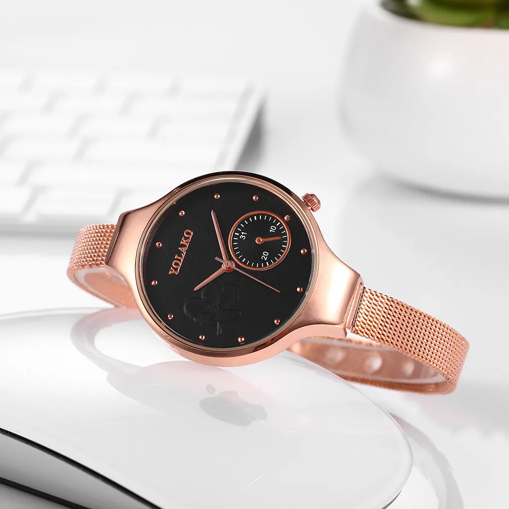 Модные женские часы из розового золота с креативным цветком и сетчатым ремешком