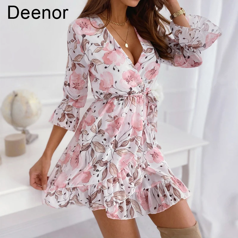 

Deenor Women Spring Flower Print Dress V Neck Casual Three Quarter Sleeve Ruffles Split Dress Female Elegant Aline Party Dress